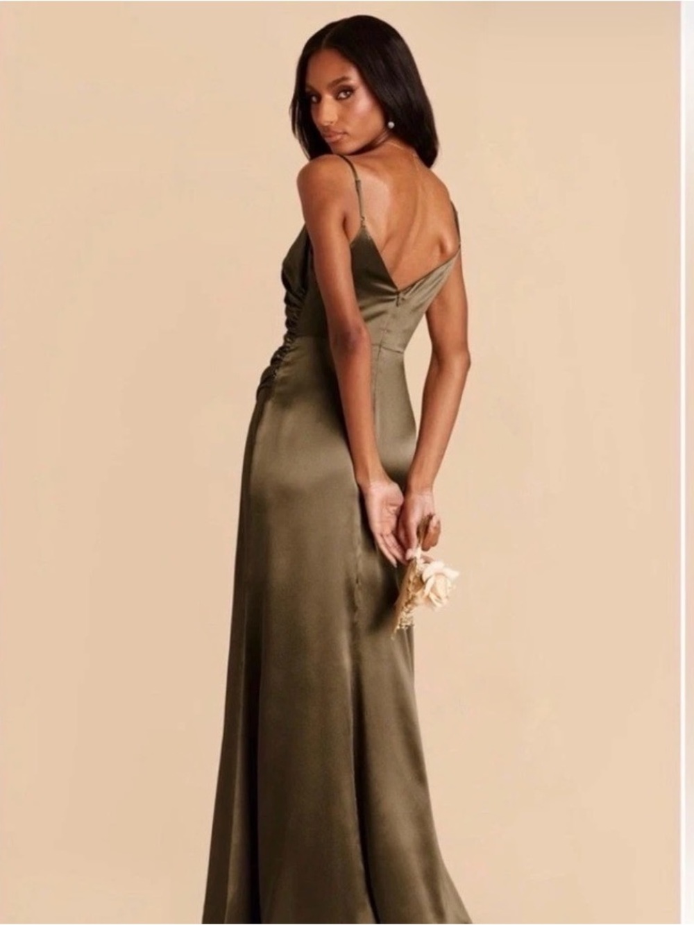 Birdy Grey Olive Green Satin Backless Slip Dress